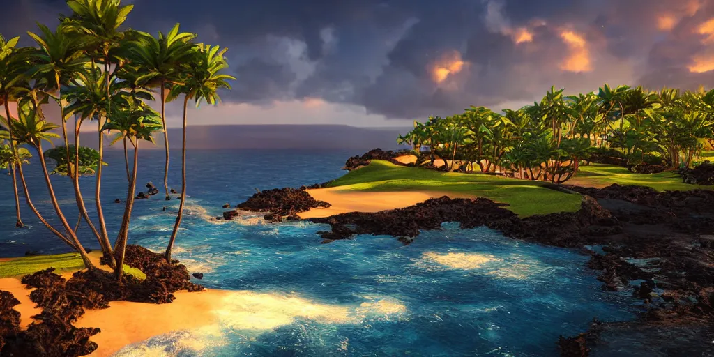 Prompt: Kapalua maui Hawaii, unreal 5, hyperrealistic, realistic, photorealistic, dynamic lighting, highly detailed, cinematic landscape, studio landscape, studio lighting