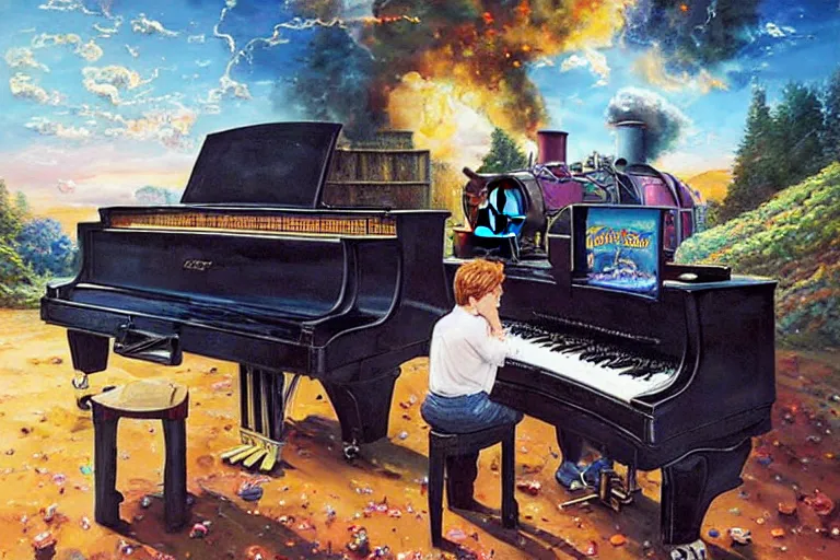 Image similar to elton john playing a piano on top of thomas the tank engine, an oil painting by ross tran and thomas kincade