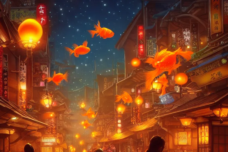 Image similar to fantasy art of glowing goldfish swimming in the air, in the streets of a japanese town at night, with people watching in wonder, by ralph horsley, highly detailed digital art, trending on artstation