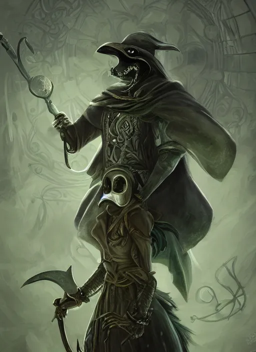 Image similar to a highly detailed illustration of plague doctor mask wearing woman, wielding scythe, surrounded by green mist background, intricate, elegant, highly detailed, centered, digital painting, artstation, concept art, smooth, sharp focus, league of legends concept art, WLOP