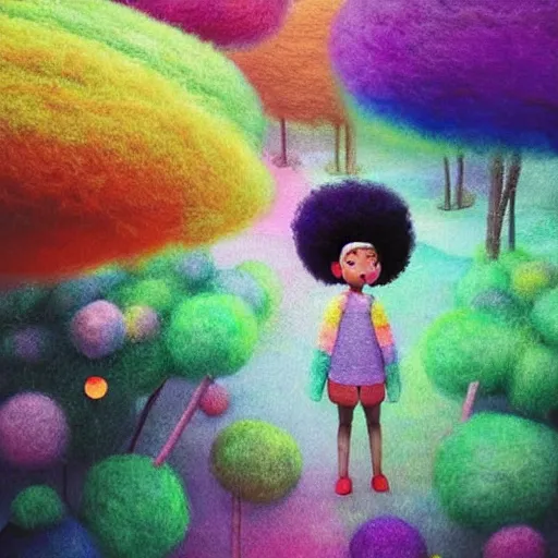 Image similar to a black girl with a colorful afro and rainbow eyes, in a candy forest! at night, bokeh, bright colours, watercolor, volumetric wool felting, macro photography, children illustration, by goro fujita