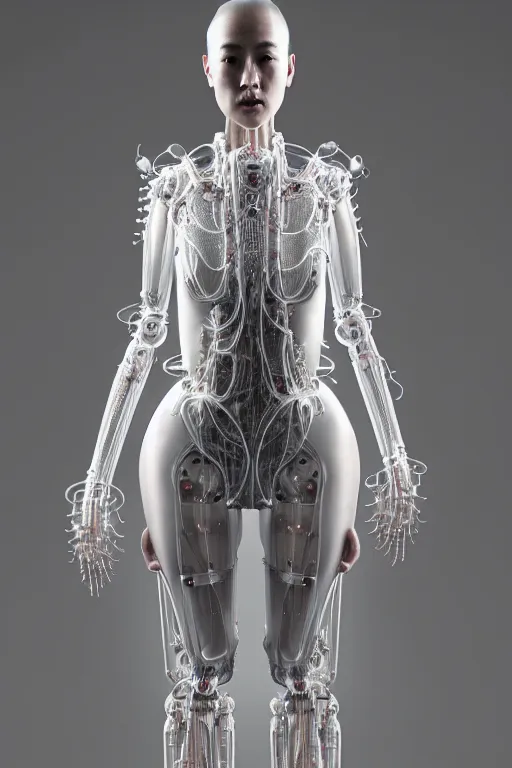 Image similar to young asian woman, iris van herpen, perfect symmetrical body, full body shot, inflateble shapes, wires, tubes, veins, jellyfish, white biomechanical details, wearing epic bionic cyborg implants, masterpiece, intricate, biopunk, vogue, highly detailed, artstation, concept art, cyberpunk, octane render