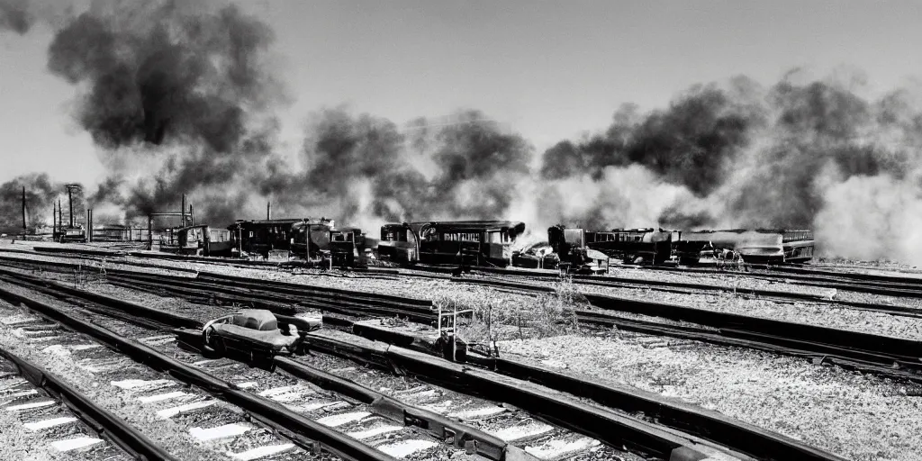 Image similar to detailed sharp photograph in the style of popular science circa 1 9 5 5 and gregory crewdson of a 1 9 5 0 s railroad crossing cars waiting as black steam locomotive crossing