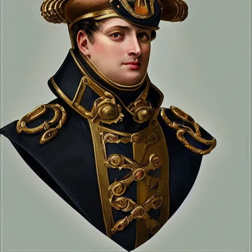 Image similar to portrait of divine emperor napoleon bonaparte, handsome, tall, dieselpunk steampunk napoleonic french baroque, metal shoulder pauldrons, intricate, highly detailed, digital painting, artstation, concept art, sharp focus, cinematic lighting, illustration, art by artgerm and greg rutkowski, alphonse mucha, cgsociety