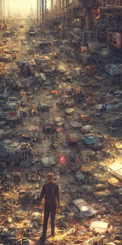 Image similar to concept art of a humanoid standing in a junkyard, back - view, technology screens glowing, hyper maximalist, matte painting, ultra detail, concept art, hyper realistic, cgsociety, hyper maximalist, artstation, cgsociety, style by jon foster and feng zhu and tyler edlin, octane render, anime style