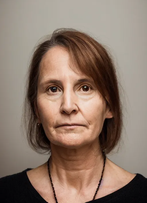 Prompt: portrait of a woman, symmetrical face, her name is karen, she has the beautiful calm face of her mother, slightly smiling, ambient light