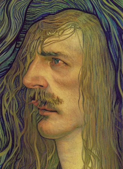 Image similar to detailed realistic beautiful young karl gustav jung face portrait by jean delville, alphonse mucha, vincent van gogh, and marco mazzoni, art nouveau, symbolist, visionary, gothic, pre - raphaelite