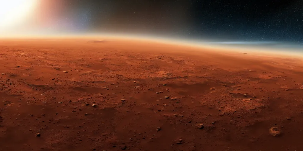 Image similar to Planet Mars rising on Earth's horizon, realistic photo, 8k.