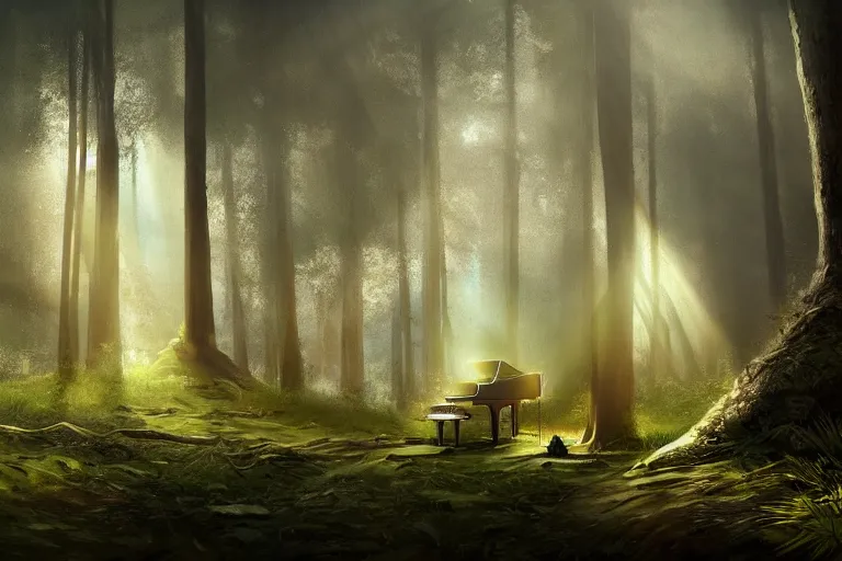 Image similar to a piano standing in the forest, beautiful dynamic lighting, cinematic, wide angle establishing shot, extremely high detail, cinematic lighting, post processed, concept art, artstation, matte painting