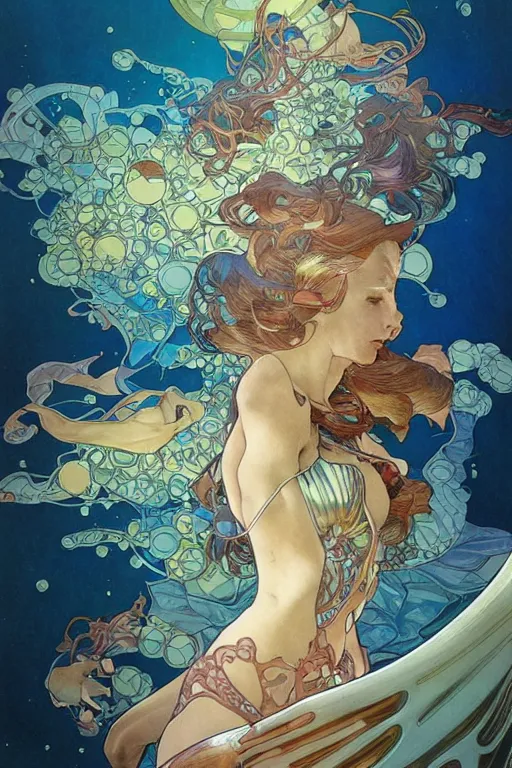 Image similar to swimming through time, by artgerm and yoshitaka amano and moebius and alphonse mucha, hyperdetailed, dc comics, ornate, nebula, explosions in the sky, trending on artstation