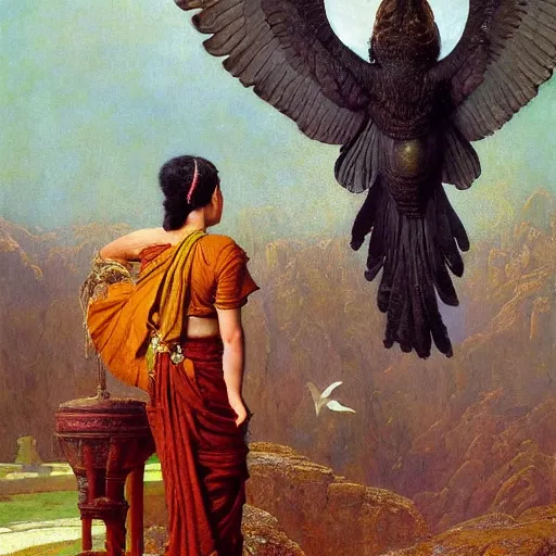 Image similar to giant crow worshipped by buddhist monks, painting by gaston bussiere, craig mullins, j. c. leyendecker, lights, art by ernst haeckel, john william godward, hammershøi,,