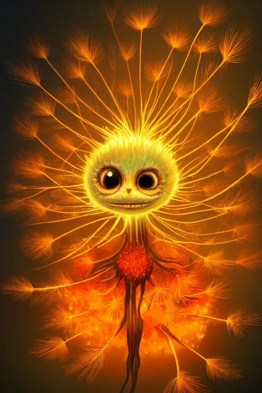 Prompt: a glowing humanoid figure dandelion monster with large glowing eyes, surrounded by fiery orange, highly detailed, digital art, sharp focus, trending on art station, artichoke, anime art style