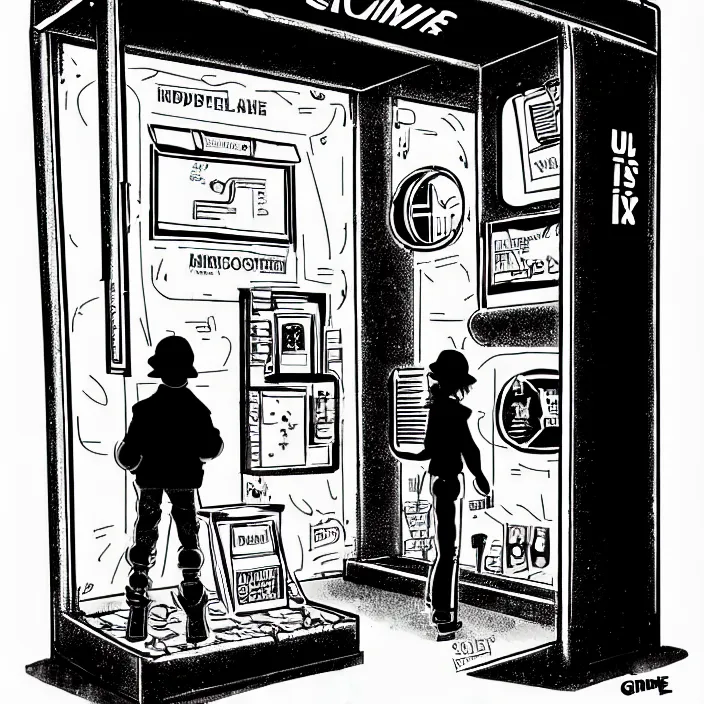 Prompt: sadie sink as a miner inside a minimalist steampunk automated kiosk booth considers food options to choose from. small room. wide angle lens. black and white, pencil and ink. scifi cyberpunk. by gabriel hardman, joe alves, chris bonura. cinematic atmosphere, detailed and intricate, perfect anatomy