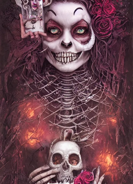 Image similar to Queen of Hearts with Cheshire Cat, Death Tarot card,highly detailed,half skull face,cinematic,8k,by Stanley Artgermm,Tom Bagshaw,Greg Rutkowski,Carne Griffiths, Ayami Kojima, Beksinski, Giger,trending on DeviantArt,hyper detailed,horror, full of colour