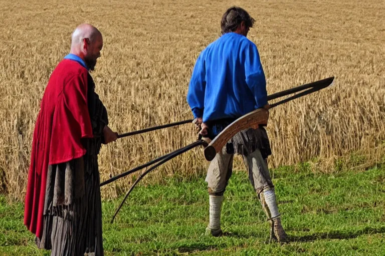 Image similar to man with scythe, medieval art, mowing of the hay, drmatic ligthing, traditional romanian clothes, woodstock festival