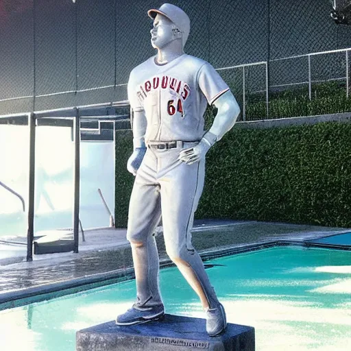 Image similar to “a realistic detailed photo of a guy who is named Mike Trout a baseball player, frozen like a statue, with shiny skin, by a pool, on display”