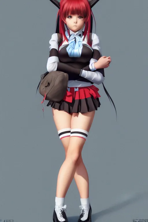 Image similar to photorealistic 3 d render of of an impossibly curvy anime girl wearing a schoolgirl outfit, by artgerm and earl norem, featured on pixiv, booru, exaggerated proportions, high resolution digital art, 4 k, beautiful symmetric face, subsurface scattering, volumetric lighting, realistic skin texture