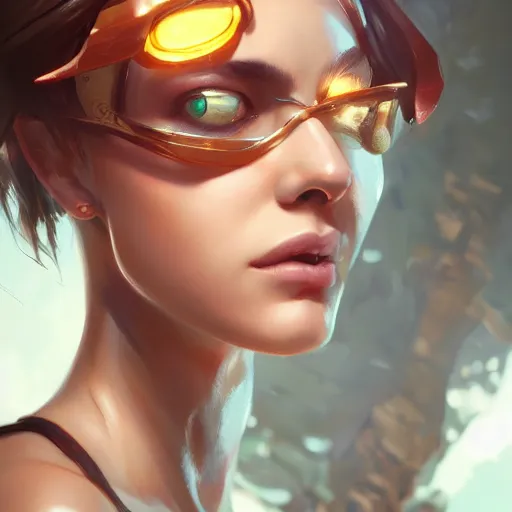 Image similar to portait of tracer in a bikini, hyperdetailed, intricate, very beautiful face, pretty face, by greg rutkowski, wlop, unreal engine 5, trending on artstation