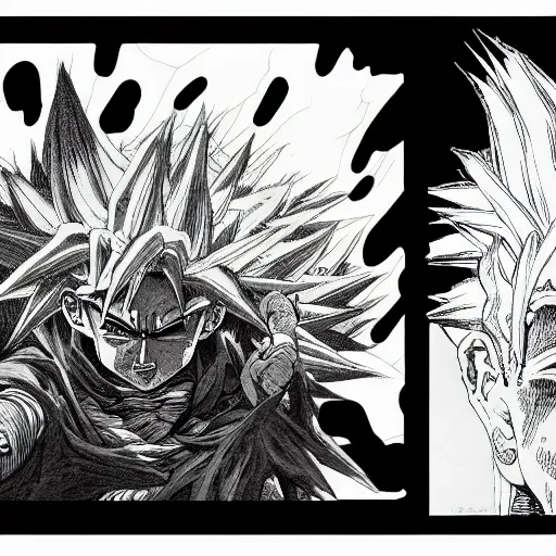 Prompt: Super Saiyan Frank Zappa manga panel award winning black and white art by Frank Zappa and Kim Jung Gi pen highly detailed pen and ink matte painting