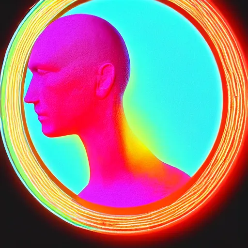 Prompt: a perfect neon circle surrounding the head of a renaissance statue, 3 d render