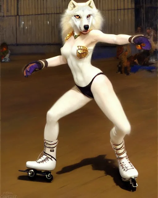 Image similar to white female anthro wolf skating at a roller derby, 4 k, furaffinity, trending on artstation, energetic, speed, motion blur, by gaston bussiere, craig mullins, j. c. leyendecker, gustav klimt, artgerm, greg rutkowski, alphonse mucha