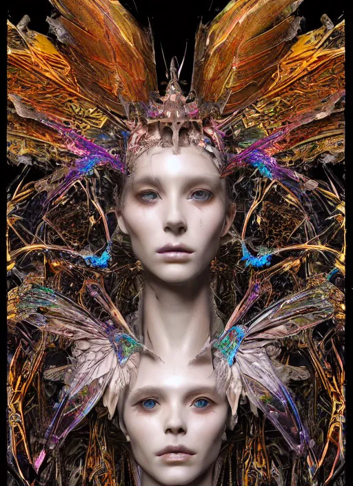 Prompt: a hybrid humanoid androgyne muse with recursively horned wing crown attached to side of xenopunk head, concept art, sculpted iridescent optical mineralogy features, intricate detail, holographic, pixel sorting, style by James Jean, circuitry, organic detail, asymmetry, cinematic, epic wide shot, ultra detailed, artstation, sharp focus,smooth, cinematic lighting, cinematic detail, composition, photorealistic, render in unreal engine 5, golden ratio, 8k render