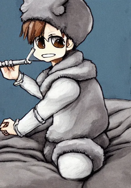 Prompt: little boy wearing sheep suit playing an flute sitting on bed. white, gray, blue, green and brown pallet color. made in abyss art style, inspired in kris from deltarrune, cute detailed artwork, anatomically correct