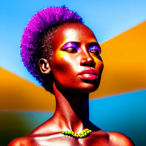 Image similar to portrait of iridescent metalic face, african woman, colorful reflections, proud, looking away, outdoor, blue sky, 8 k, realistic, depth of field, highly detailed, art photography