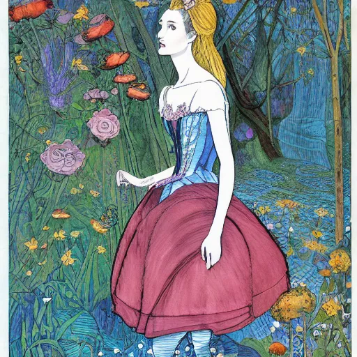 Prompt: Alice in Wonderland, by Ivan Bilibin, inspired by Alexander McQueen fashion, and Möbius illustration, high resolution scan, dichroic prism effect,