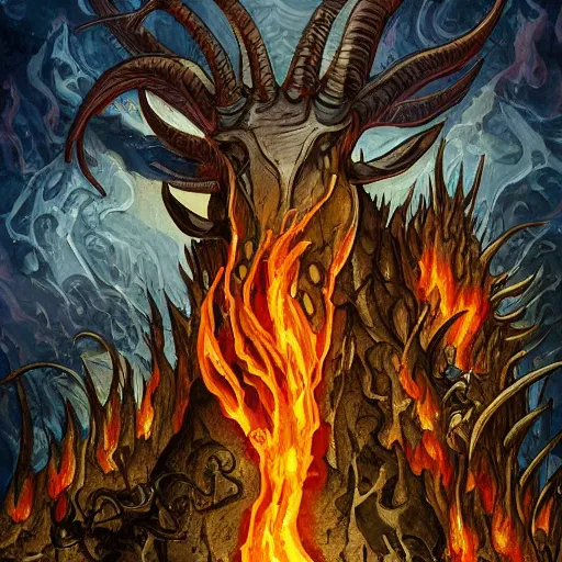 Prompt: the devastating wise goat throught the flames, dystopic, fantasy, h.p. Lovecraft, highly detailed, HD, 8k