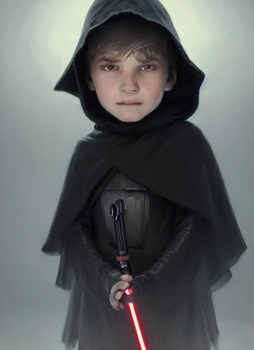 Image similar to perfectly - centered - portrait of a kid wearing black cloak holding light saber, intricate, highly detailed, digital painting, artstation, concept art, smooth, sharp focus, illustration, unreal engine 5, 8 k, art by artgerm and greg rutkowski and alphonse mucha and sam spratt