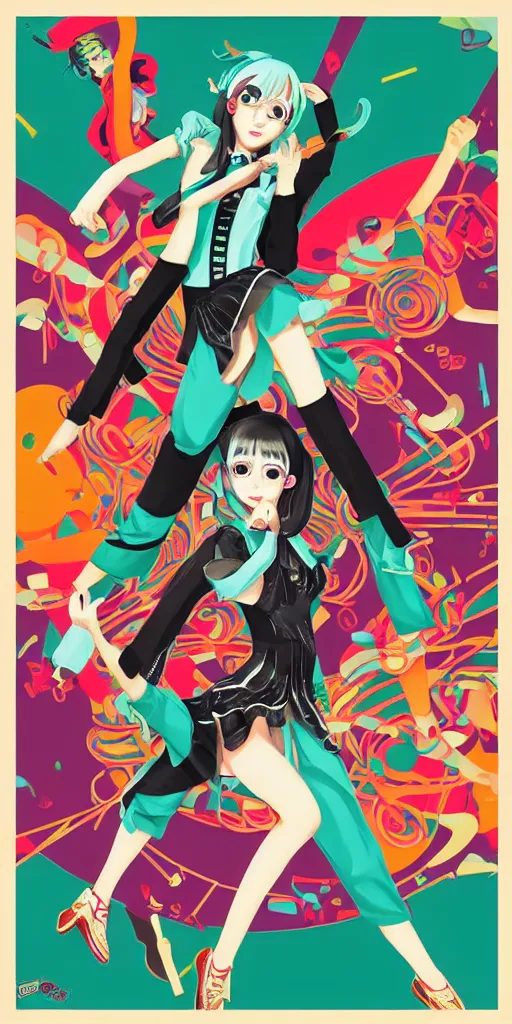 Prompt: Hatsune miku swing dancing with Gumi by Tristan Eaton. 1930s Musical.