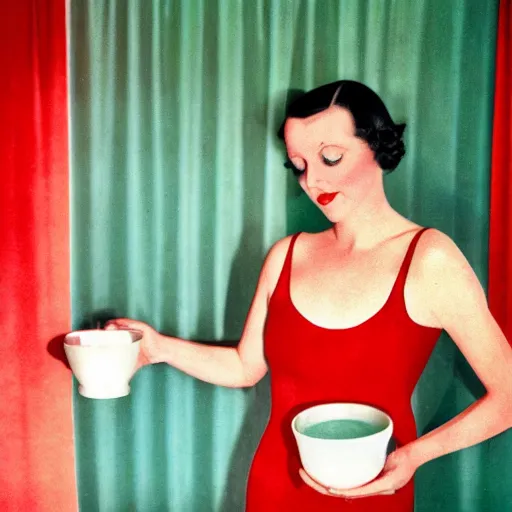 Image similar to color photo on vintage film stock of 1930s model on her hands and knees, lapping up milk from a bowl on the floor of an art deco mansion. There are red curtains in the distance and soft pools of light illuminating her and the surroundings.