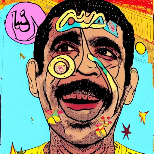 Image similar to omar souleyman in the style of daniel johnston and outsider art, 4k, overlaid with arabic text