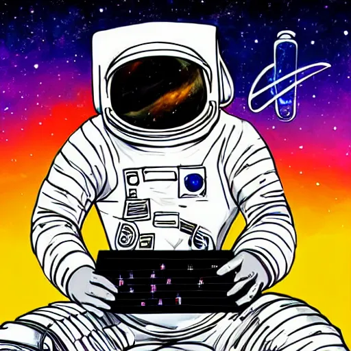 Image similar to an astronaut with headphone playing keyboard in the space, digital painting, digital art, neal adams