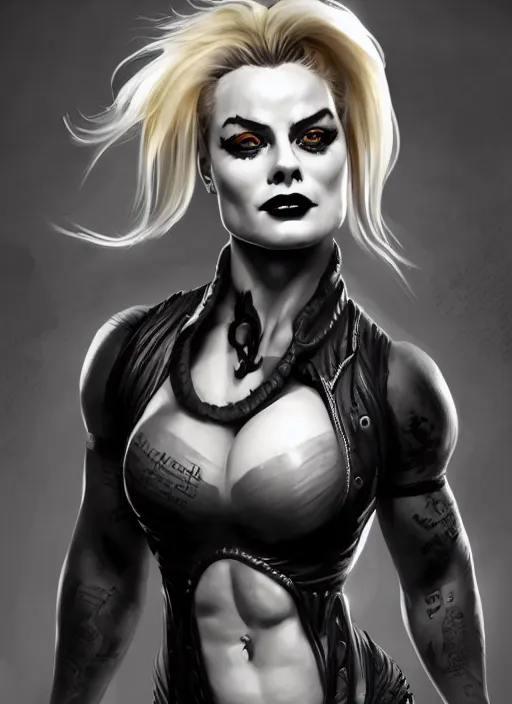 Image similar to detailed portrait of margot robbie as a thick female bodybuilder goth zarya from overwatch, attractive, beautiful, fantasy, intricate, elegant, highly detailed, digital painting, artstation, concept art, matte, sharp focus, illustration, art by aenaluck, artgerm and roberto ferri and greg rutkowski, epic fantasy, digital painting