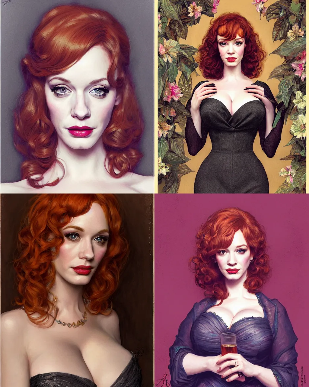 Prompt: sophisticated portrait of Christina Hendricks!!!, 1960s flower power hippy, very smoky Paris bar, elegance, highly detailed, shallow depth of field, Artstation, Artgerm, Donato Giancola and Joseph Christian Leyendecker