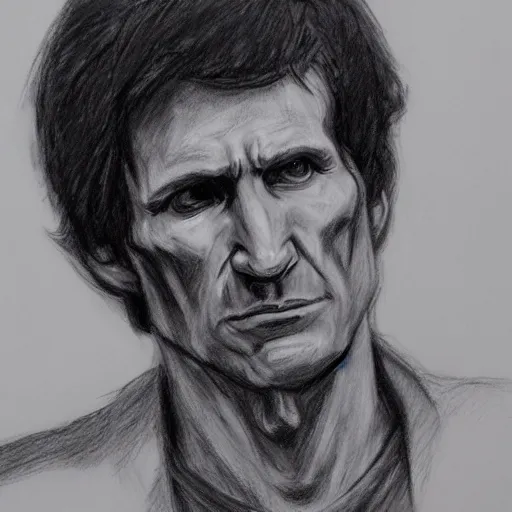 Image similar to todd howard courtroom sketch, bethesda, charcoal on paper