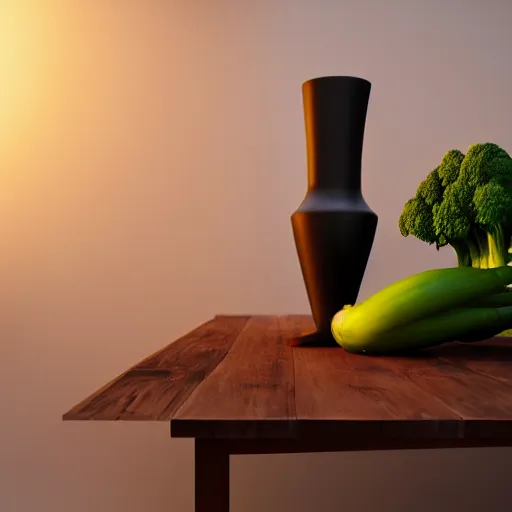 Image similar to a large vase sitting on top of a wooden table, medieval concept art, cinematic lightning and colors, featured on cg society, photorealism, vray tracing, rendered in unreal engine, photorealistic, vegetables on table and candle, dark lightning, contrast shadows