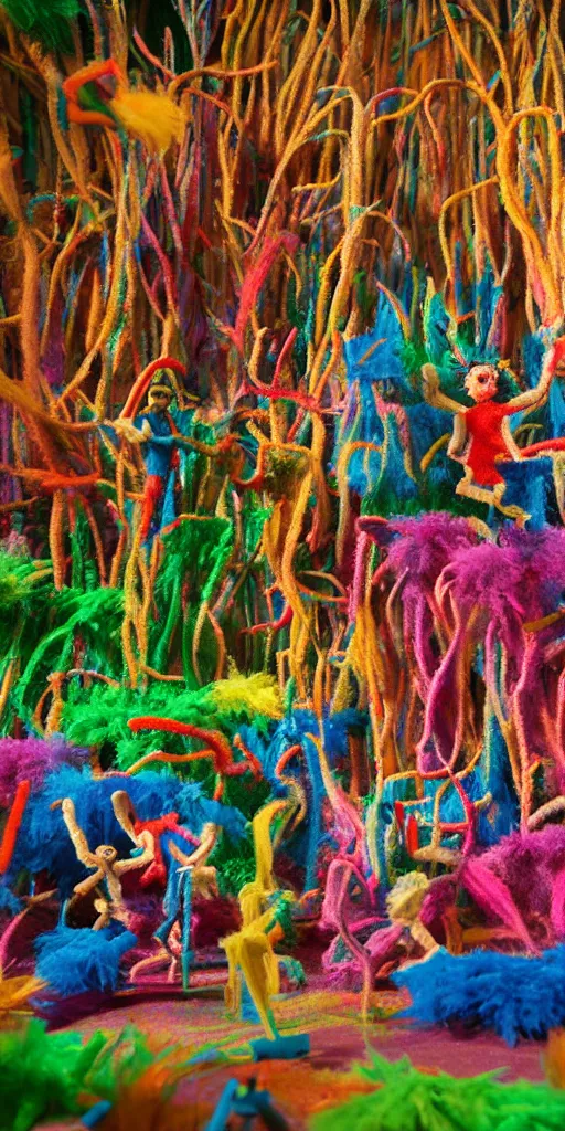 Image similar to group of giant rainbow-colored people dancing in a forest made out of fluffy pipecleaners in the style of Jean-Michel Basquiat, 3D cinematic lighting, spotlight at a 90 DEGREE ANGLE, photorealism, octane render, depth of field, 8k, 35mm, artgem, Trending on artstation