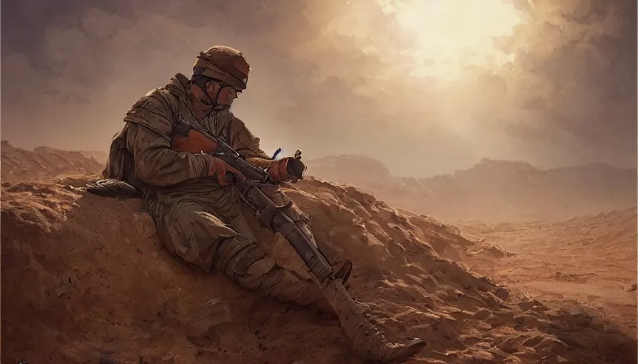 Image similar to beautiful digital painting of a soldier in a trench waiting for the war to end, in the sahara desert. cinematic lighting, atmospheric, concept art by artgerm and greg rutkowski,,