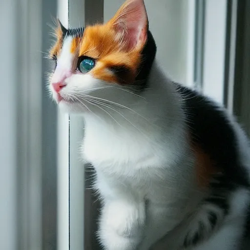 Prompt: cute calico kitten looking out of the window on a [ [ [ [ beautiful ] ] ] ] summer day, profile shot, featured on artstationg, gorgeous!!!