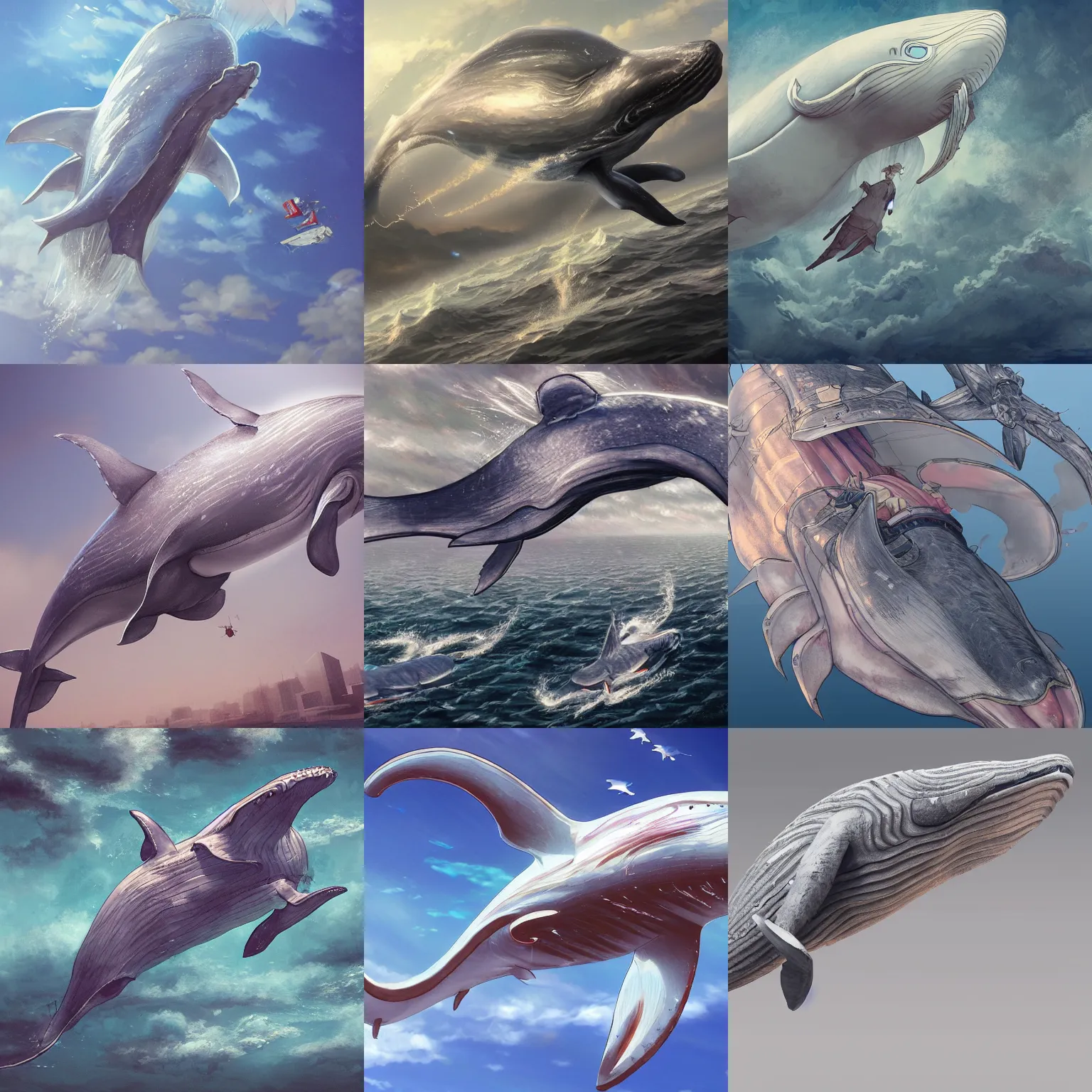 Prompt: a flying whale, highly detailed, by yoshitaka amano and shinji aramaki and ayami kojim, trending on artstation