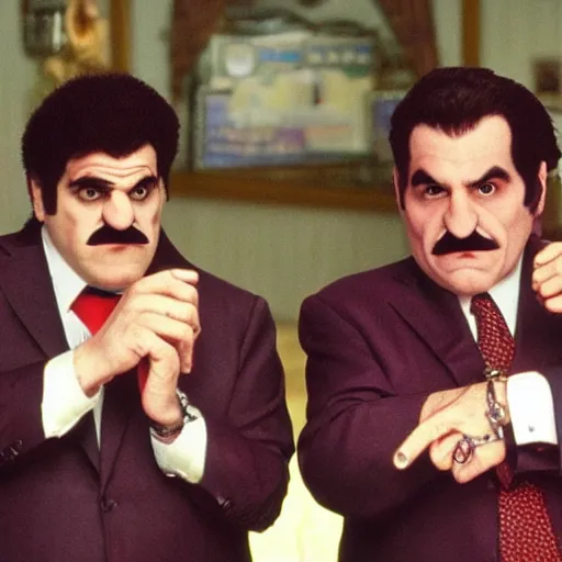 Image similar to wario and waluigi in goodfellas ( photo realistic and hyperrealistic and in high quality )