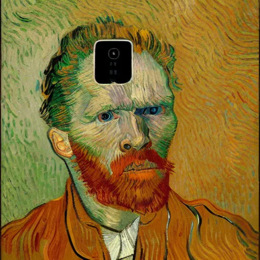 Image similar to a vivid self portrait of van Gogh, holding a smartphone, oil on canvas, trending on artstation