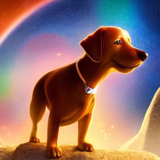 Prompt: dog character 1 1, small puppy, rich dog, high quality image, smart dog, dog with gun, dog in space, illustration, dog in mountain, soft, concept art, intricate details, highly detailed, colorful, photorealistic, disney pixar, octane render, iridescent, anime, 8 k