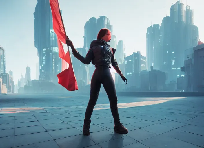 Image similar to glowing young woman carrying a red propaganda flag walking through beautiful futuristic city by Alexander Labas and Tatyana Yablonskaya and Viktor Tsvetkov, Unreal Engine 5, Lumen, Nanite, 85mm