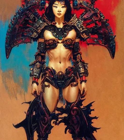 Image similar to portrait of strong korean female chaos angel, beautiful! coherent! by frank frazetta, by brom, strong line, vivid neon color, spiked scrap metal armor, iron helm maximalist