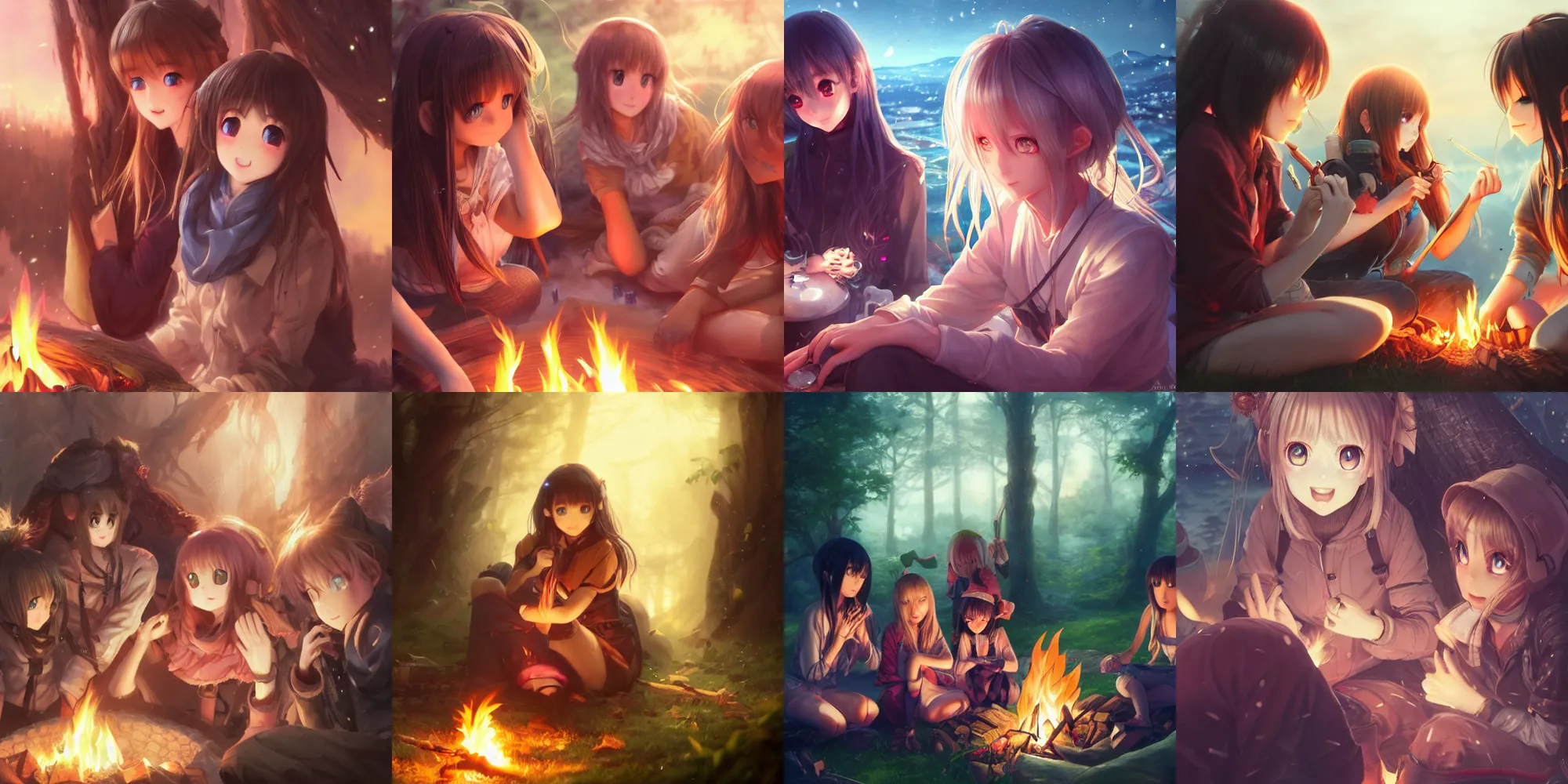 Prompt: extremely detailed eyes, full faces, anime, very beautiful cute girls sitting around campfire at night, fantastic details, trending on artstation, pixiv, hyperdetailed Unreal Engine 4k 8k ultra HD, Stanley Artgerm Lau, WLOP, Rossdraws, James Jean Marc Simonetti Ruan Jia and Mandy Jurgens and Artgerm and William-Adolphe Bouguerea Sakimichan, yuru camp, illustration, digital art, concept art, manga cover