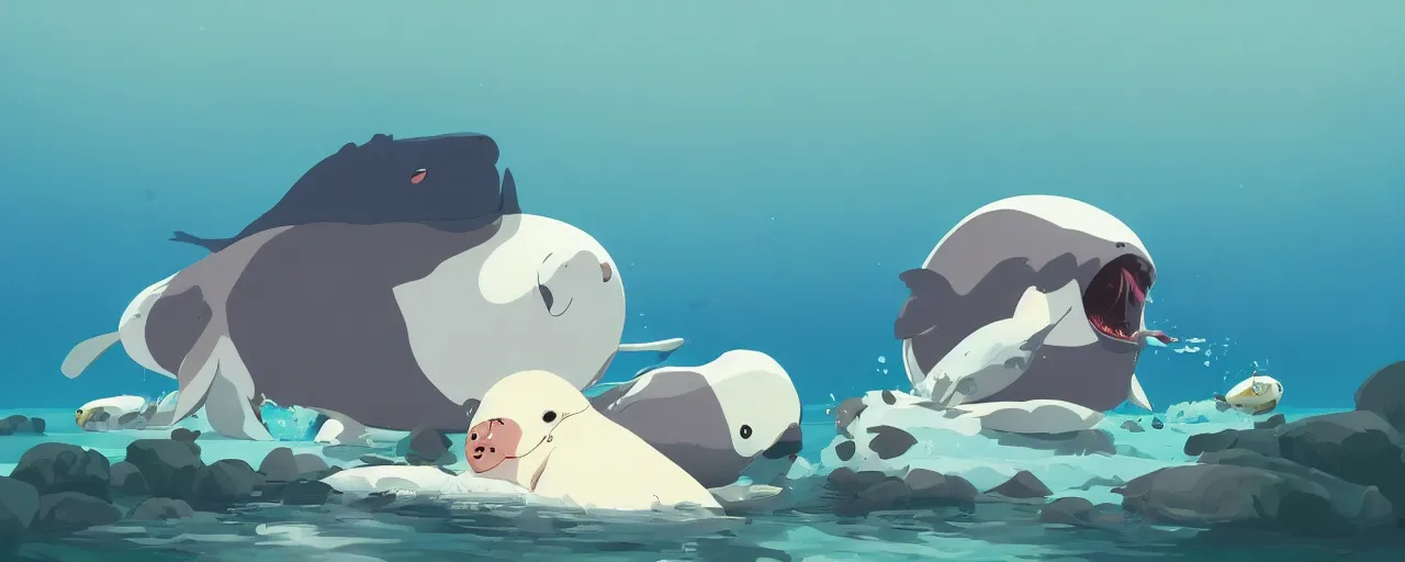 Image similar to piranhas eating a baby harp seal in a tropical river, atey ghailan, goro fujita, studio ghibli, rim light, dark lighting, clear focus, very coherent